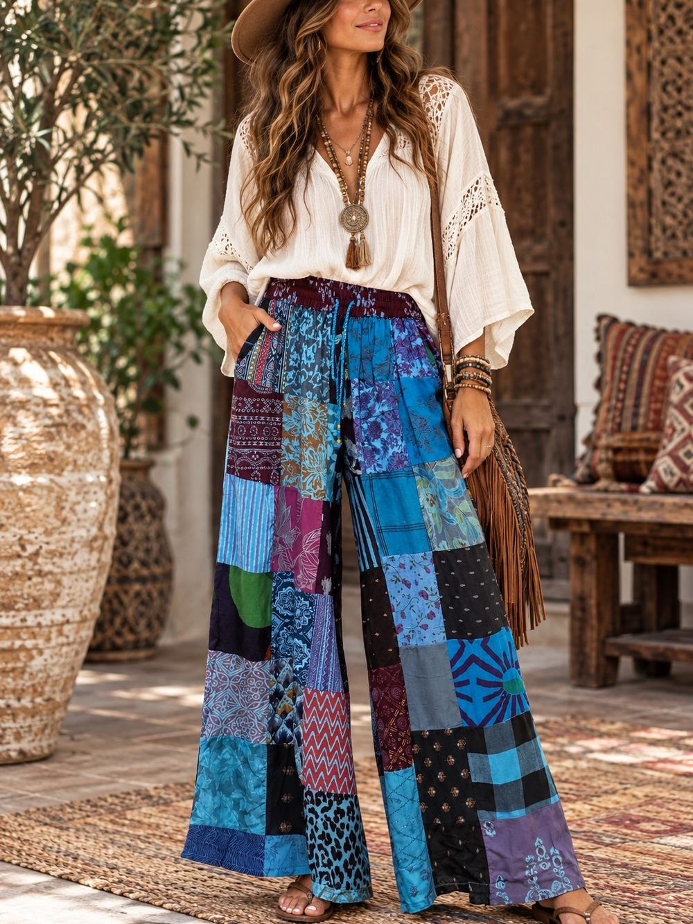 Boho Patchwork Wide-Leg Pants - Blue Multi